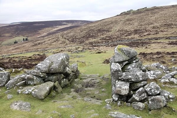 Granite rocks forming the entrance of Grimspound, a Bronze Age camp 3500 years old