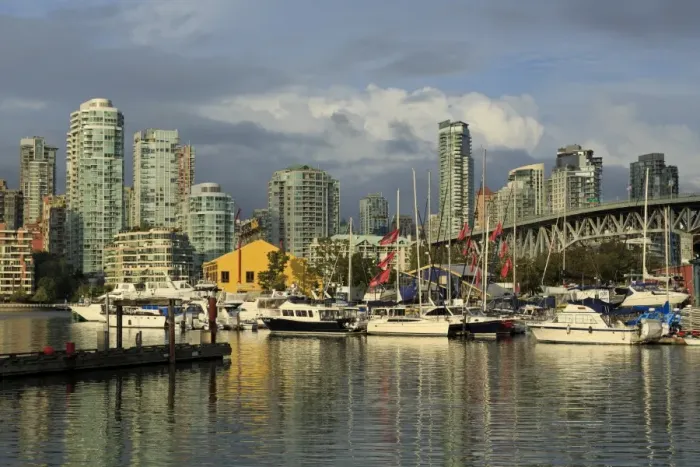 Framed Print : Granville Island, Vancouver and skyline, Vancouver, British Columbia, Canada, North Framed Print : Granville Island, Vancouver and skyline, Vancouver, British Columbia, Canada, North
