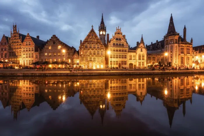 Framed Print : Graslei in the historic city of Ghent reflected in Leie river during blue hour, Ghent Framed Print : Graslei in the historic city of Ghent reflected in Leie river during blue hour, Ghent