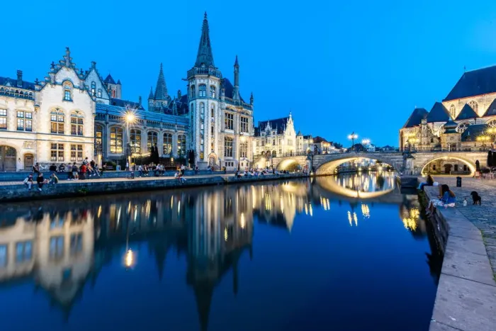 Framed Print : Graslei Quay in the historic city center of Ghent, mirrored in the River Lys during Framed Print : Graslei Quay in the historic city center of Ghent, mirrored in the River Lys during