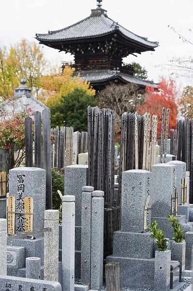 Grave stones and pagoda in a cemetery, Shinnyo do Temple, Kyoto, Japan, Asia