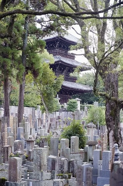 Grave stones and pagoda in a cemetery, Shinnyo do Temple, Kyoto, Japan, Asia