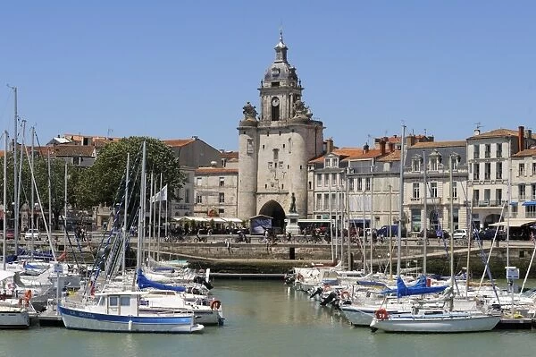 The Great Clock Tower viewed from across Vieux Port, La Rochelle, Charente-Maritime