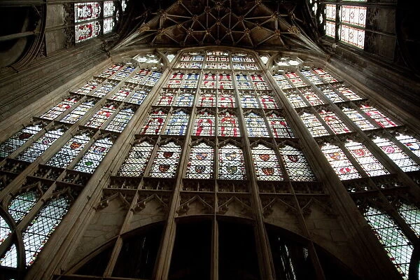Great East Window looking up, Gloucester Cathedral, Gloucester, Gloucestershire