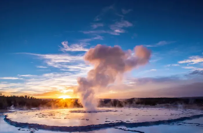 Framed Print : Great Fountain Geyser at sunset with reflection and sunburst, Yellowstone National Park Framed Print : Great Fountain Geyser at sunset with reflection and sunburst, Yellowstone National Park