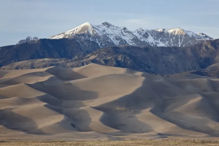 Framed Print : Great Sand Dunes and mountains with snow, Great Sand Dunes National Park and Preserve Framed Print : Great Sand Dunes and mountains with snow, Great Sand Dunes National Park and Preserve