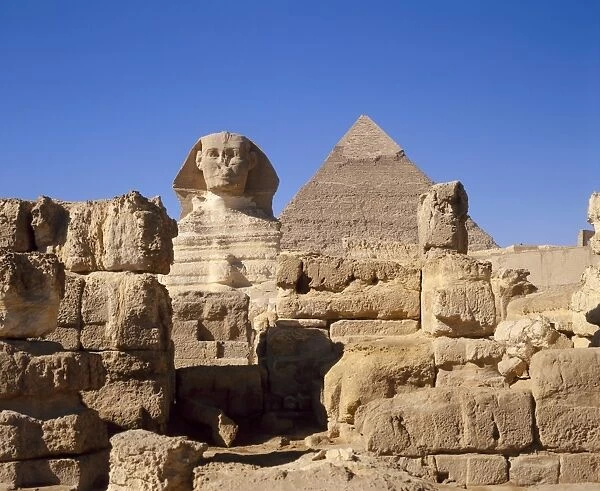 The Great Sphinx and the Chephren Pyramid, Giza, Cairo, Egypt, Africa