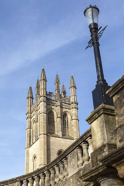 The Great Tower of Magdalen College with typical archaic lampost in foreground, Oxford, Oxfordshire, England, United Kingdom, Europe