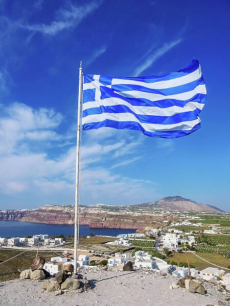 Greek Flag at the Venetian Castle, Akrotiri Village, Santorini (Thira) Island, Cyclades, Greek Islands, Greece, Europe