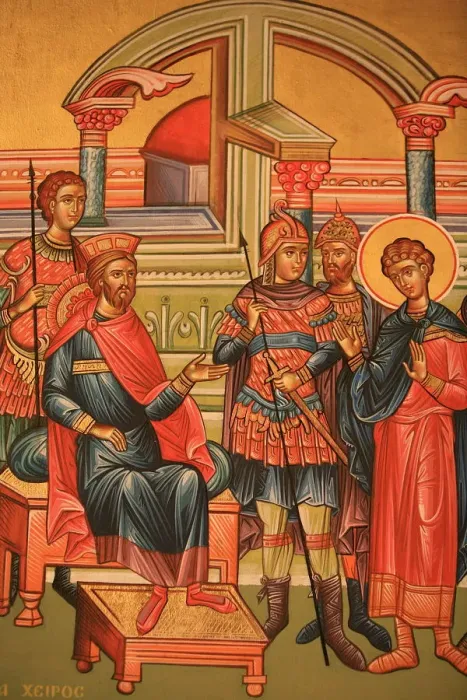 Framed Print : Greek Orthodox icon depicting a martyr with a Roman governor, Thessaloniki, Macedonia