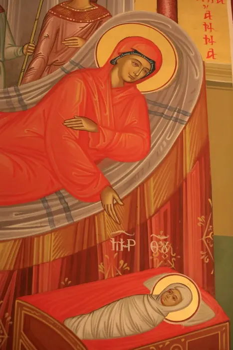 Framed Print : Greek Orthodox icon depicting Marys birth, Thessaloniki, Macedonia, Greece, Europe