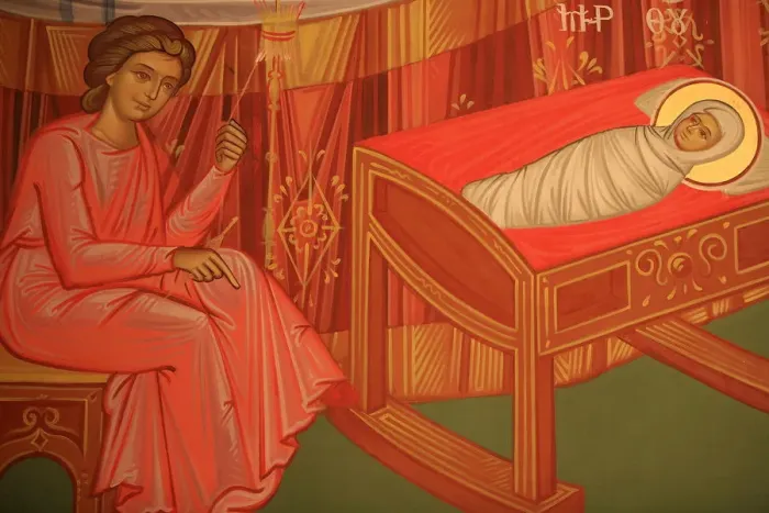 Framed Print : Greek Orthodox icon depicting Marys birth, Thessalonica, Macedonia, Greece, Europe