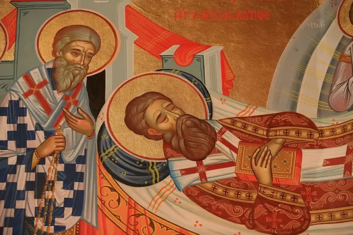Framed Print : Greek Orthodox icon depicting St. Gregory Palamass dormition (death), Thessaloniki
