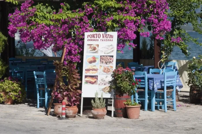 Framed Print : Greek taverna, Vathi, Meganisi, Ionian Islands, Greek Islands, Greece, Europe