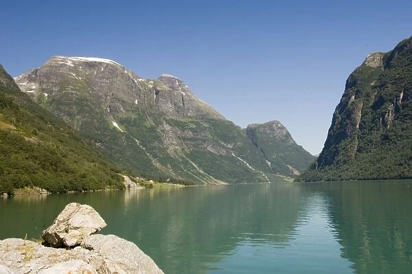 The green glacier lake above Olden, Fjordland, Norway, Scandinavia, Europe