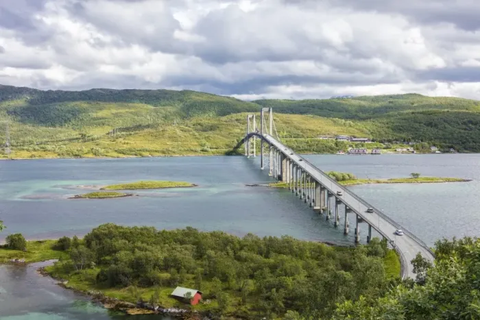 Framed Print : Green hills and turquoise sea frame the suspension road bridge in Tjeldsundbrua, Troms county Framed Print : Green hills and turquoise sea frame the suspension road bridge in Tjeldsundbrua, Troms county