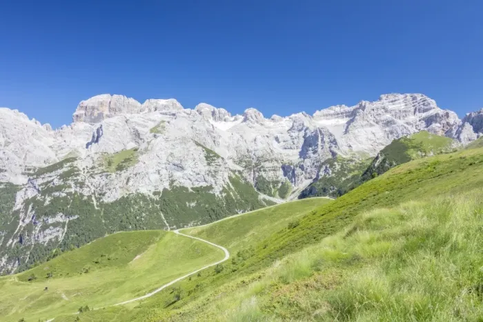 Framed Print : Green meadows frame the high rocky peaks, Doss Del Sabion, Pinzolo, Brenta Dolomites Framed Print : Green meadows frame the high rocky peaks, Doss Del Sabion, Pinzolo, Brenta Dolomites