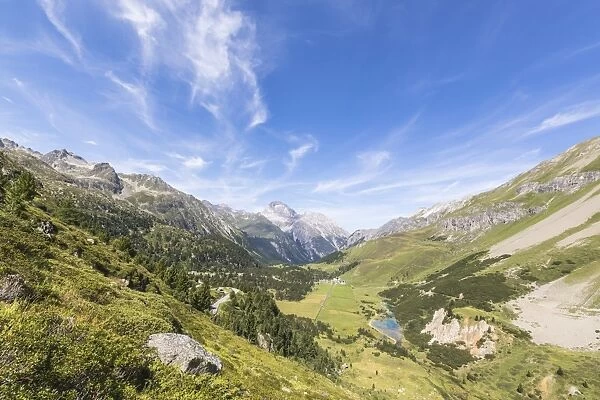Green meadows surrounding the high peaks of the Swiss Alps, Albula Valley, Canton of Graubunden