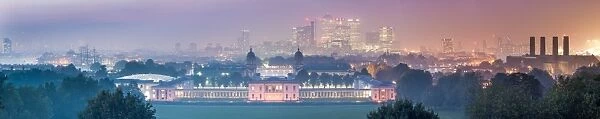 Greenwich Maritime Museum and Canary Wharf from Greenwich Observatory, London, England