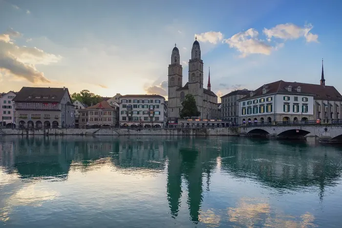 Framed Print : Grossmunster and Limmat River at sunrise, Zurich, Switzerland Framed Print : Grossmunster and Limmat River at sunrise, Zurich, Switzerland