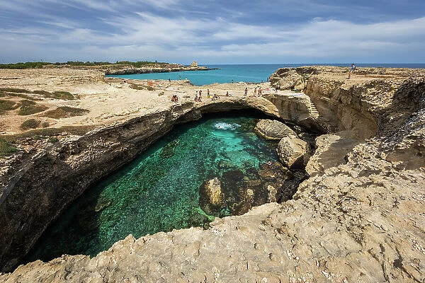 Grotta della Poesia (Poetry Cave) natural pool among karsk formations, Roca archaeological site, near Melendugno, Puglia, Italy, Europe