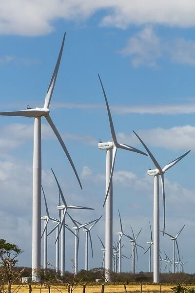 A group of 30 wind turbines by Lake Nicaragua, Nicaraguas first such facility name Amayo) with Concepcion Volcano beyond, Rivas, Nicaragua, Central America
