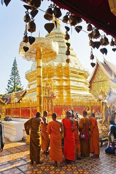 Group of Buddhist monks praying at Wat Doi Suthep Temple, Chiang Mai, Thailand, Southeast Asia, Asia