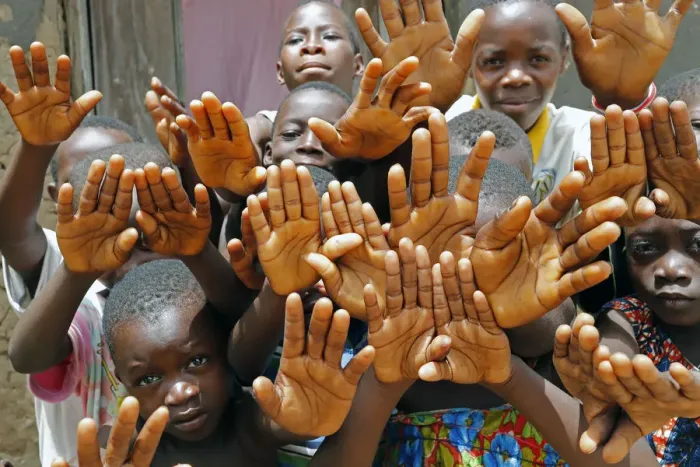 Framed Print : Group of children showing their hands, Datcha-Attikpaye, Togo, West Africa, Africa