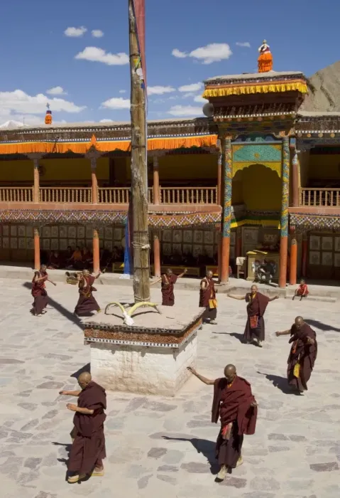 Framed Print : Group of monks dancing in the monastery courtyard rehearsing Framed Print : Group of monks dancing in the monastery courtyard rehearsing