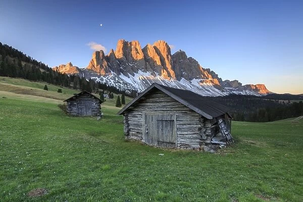 The group of Odle views from Gampen Malga at dawn, Funes Valley, Dolomites, South Tyrol