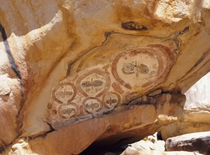 Framed Print : Group of Wandjana faces on shaded underside of rock, near King Edward River Framed Print : Group of Wandjana faces on shaded underside of rock, near King Edward River