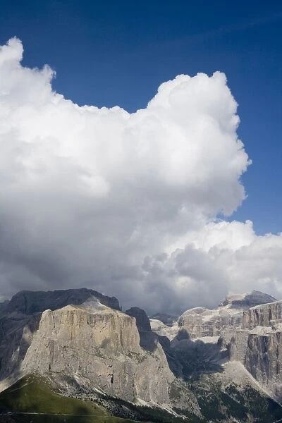 Gruppo del Sella mountains with cloud above in Dolomites, Italy, Europe