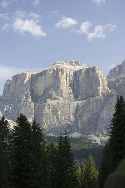 Gruppo del Sella mountains, seen through trees, Dolomites, Italy, Europe
