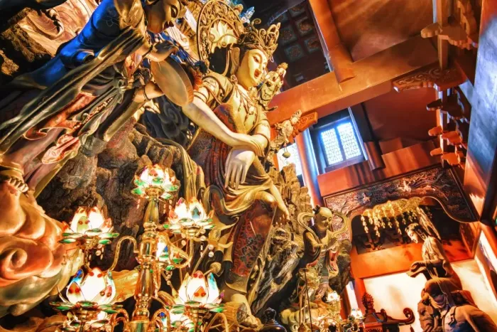 Framed Print : GuanYin Buddha at Yong Fu Temple with rich decorations in a wide angle perspective, Hangzhou, Zhejiang, China, Asia Framed Print : GuanYin Buddha at Yong Fu Temple with rich decorations in a wide angle perspective, Hangzhou, Zhejiang, China, Asia