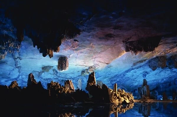 Guilin Cave, floodlit stalactites and stalagmites, China, Asia