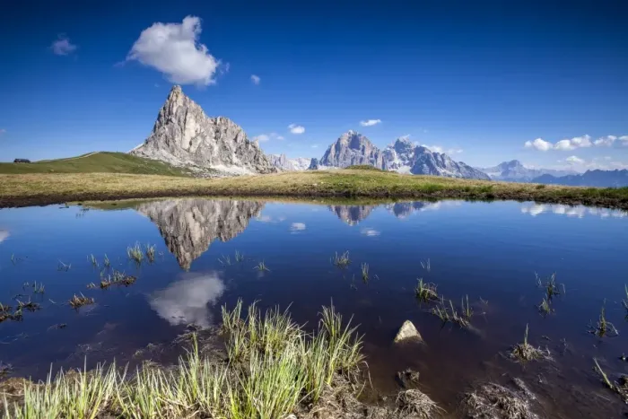 Framed Print : The Gusela peak and the Tofane Group by Cortina D Ampezzo reflecting in the lake by Passo Giau, Veneto, Italy, Europe Framed Print : The Gusela peak and the Tofane Group by Cortina D Ampezzo reflecting in the lake by Passo Giau, Veneto, Italy, Europe