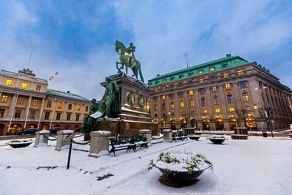 Gustav II Adolfs equestrian statue in front of the Royal Swedish Opera House, Stockholm, Sweden, Scandinavia, Europe