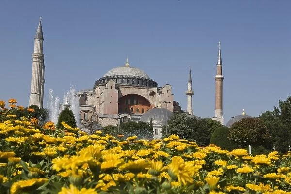 Hagha Sophia with flowers in foreground, UNESCO World Heritage Site, Sultanahmet Square