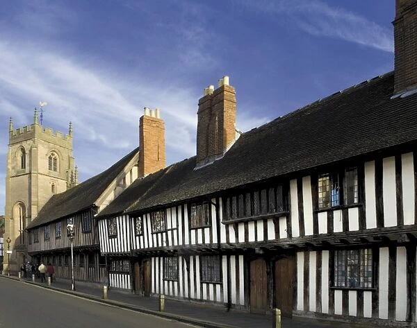 Half timbered alms houses, King Edwards school and the Guild chapel, Church street