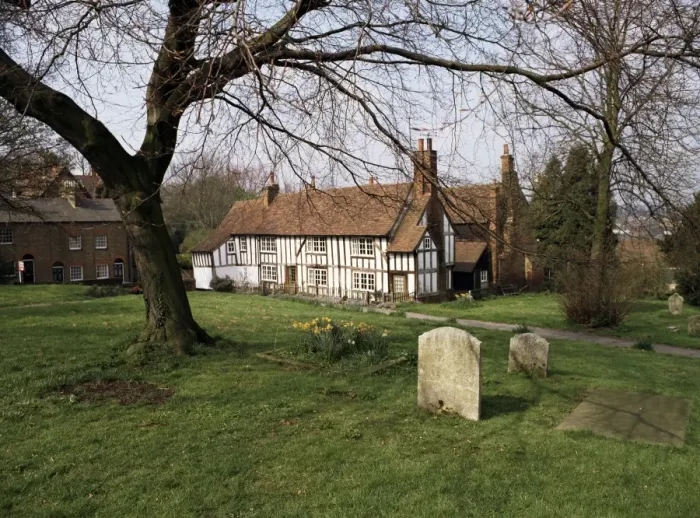 Framed Print : Half timbered cottages in the church graveyard at Old Hatfield, Hertfordshire Framed Print : Half timbered cottages in the church graveyard at Old Hatfield, Hertfordshire