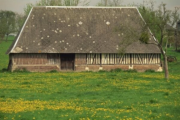 Half timbered farm building near Pont Audemer, Marais Vernier, Haute Normandie, France