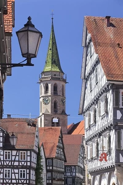 Half-timbered houses at market place, municipal church, Schorndorf, Baden Wurttemberg