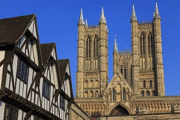 Half-timbered Leigh-Pemberton House and Lincoln Cathedral, from Castle Square, Lincoln