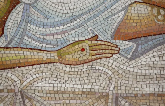Framed Print : Detail of hand in mosaic of Christs death at the Church of the Holy Sepulchre