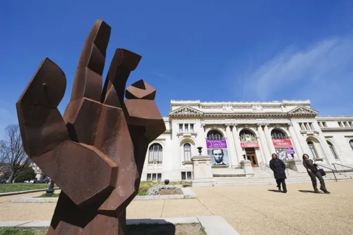 Framed Print : Hand sculpture in front of Public Library, Washington D. C. United States of America Framed Print : Hand sculpture in front of Public Library, Washington D. C. United States of America