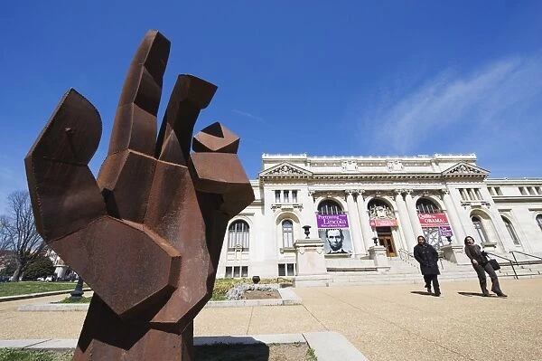 Hand sculpture in front of Public Library, Washington D. C. United States of America