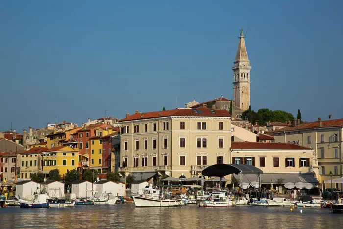 Framed Print : Harbor and skyline with Tower of Church of St. Euphemia, Old Town, Rovinj, Croatia, Europe