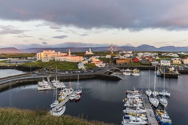 The harbor town of Stykkisholmur as seen from the small island of Stykkia on the