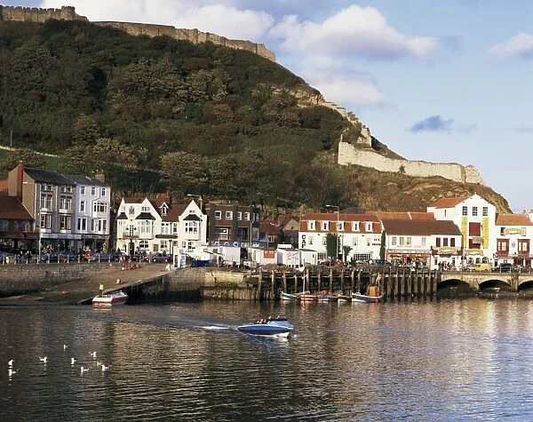 Harbour, with castle on hill above, Scarborough, Yorkshire, England, United Kingdom