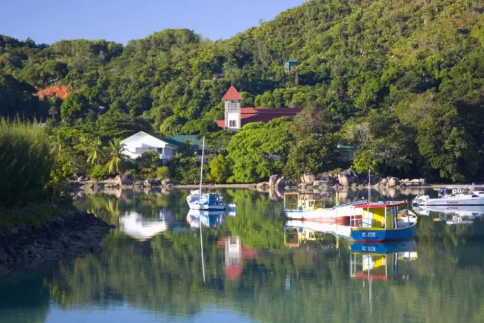 Framed Print : The harbour and church, Baie Sainte Anne, Baie Sainte Anne district, Island of Praslin Framed Print : The harbour and church, Baie Sainte Anne, Baie Sainte Anne district, Island of Praslin